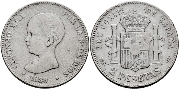 Cy16688C.-ALFONSO XIII 2 Pesetas 1889(---) M.P.M.- BC