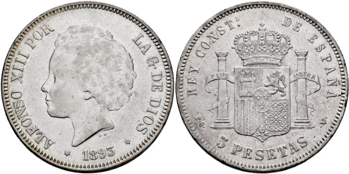 Cy16702F.-ALFONSO XIII 5 Pesetas 1893(18-93) P.G.V.- MBC+