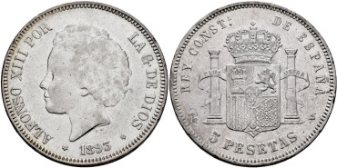Cy16702F.-ALFONSO XIII 5 Pesetas 1893(18-93) P.G.V.- MBC+