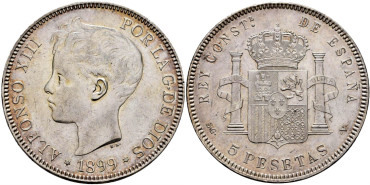 Cy16708H.- ALFONSO XIII 5 Pesetas 1899(18-99) S.G.V  EBC