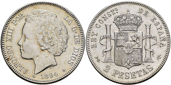Cy16691I.- ALFONSO XIII 2 PESETAS 1894(18-94) P.G.V. EBC