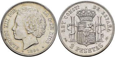 Cy16691I.- ALFONSO XIII 2 PESETAS 1894(18-94) P.G.V. EBC