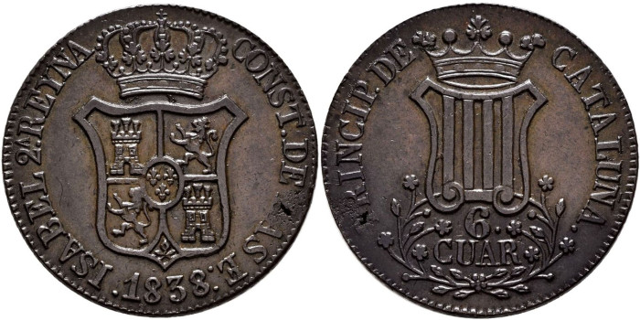 Cy15847H.- ISABEL II 6 Cuartos 1838 Cataluña. EBC