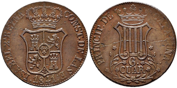 Cy15851F.- ISABEL II 6 Cuartos 1841 Cataluña. MBC+
