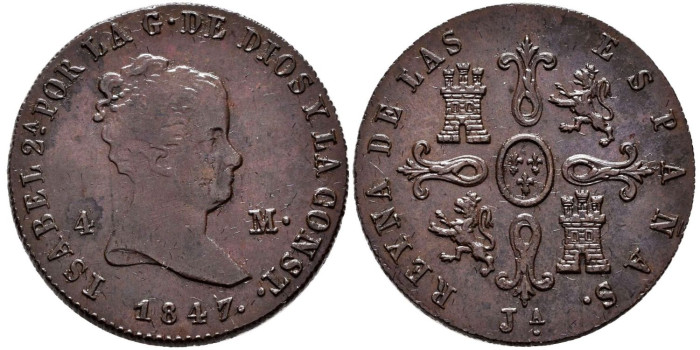 Cy15744K.- ISABEL II 4 Maravedis 1847 Jubia. SC