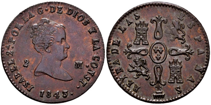 Cy15670K.- ISABEL II 2 Maravedis 1843 Segovia. SC