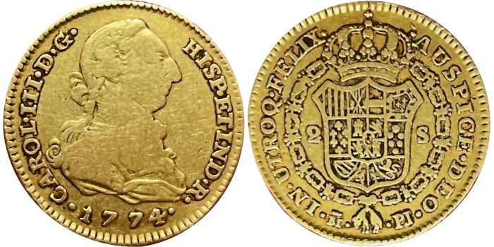 Cy11652.- CARLOS IV  2 ESCUDOS 1774 MADRID P.J. - Oro.