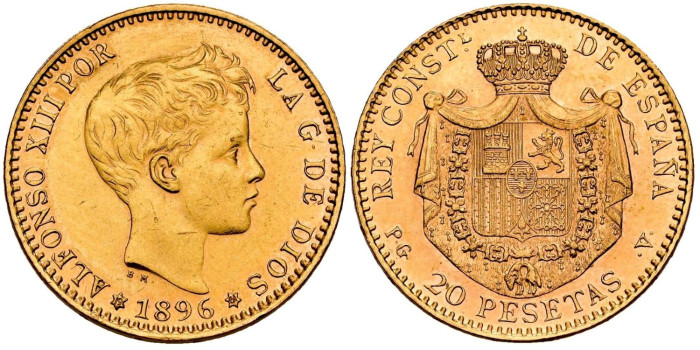 Cy16972.- 20 PESETAS 1896  *19 *62 PG V- SC. ORO