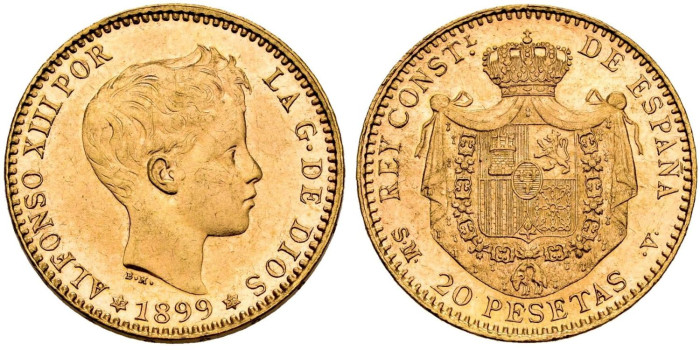 Cy16712.- ALFONSO XIII  20 pts 1899 *18*99 Madrid- SC. ORO