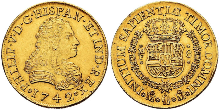 Cy09384.- FELIE V - 8 EscudoS 1742  MEXICO. MBC- ORO
