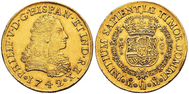 Cy09384.- FELIE V - 8 EscudoS 1742  MEXICO. MBC- ORO