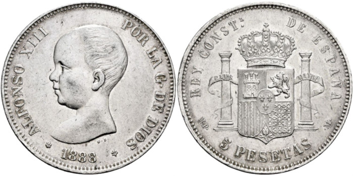 Cy16693G.- ALFONSO XIII - 5 Pesetas 1888 MPM. EBC-