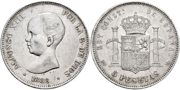 Cy16693G.- ALFONSO XIII - 5 Pesetas 1888 MPM. EBC-