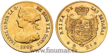 Cy16350.- ISABEL II 2 ESCUDOS 1868 (6-8) MADRID. MUY RARA