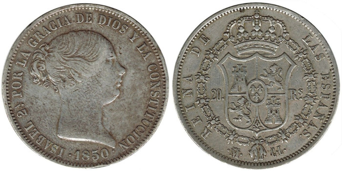 Cy16278.- ISABEL II  20 Reales 1850 Madrid C.L.  MBC- PLATA