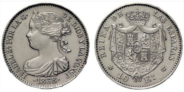 Cy16495.P.- ISABEL II 10 ESCUDOS 1868  (18-68). Platino (Pt)