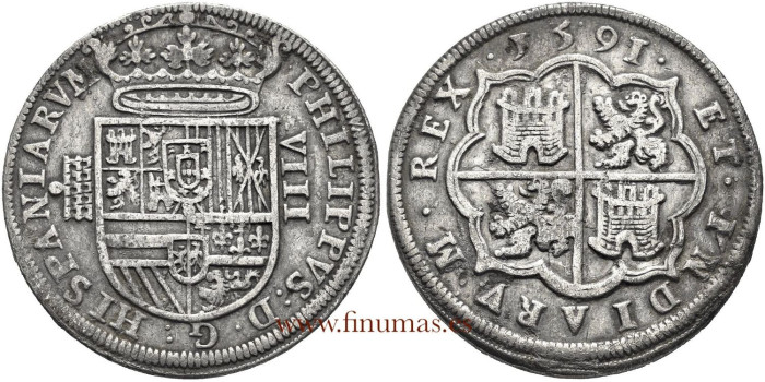 Cy03820.- FELIPE II - 8 REALES 1591 SEGOVIA. 5 ARCOS 2 PISOS.