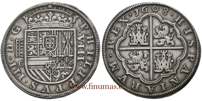Cy04612.- Felipe III - 8 REALES 1608 SEGOVIA C. 5 ARCOS 2 PISOS.