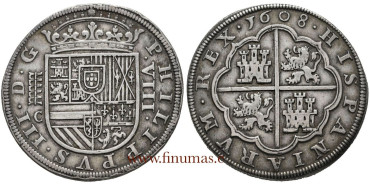 Cy04612.- Felipe III - 8 REALES 1608 SEGOVIA C. 5 ARCOS 2 PISOS.