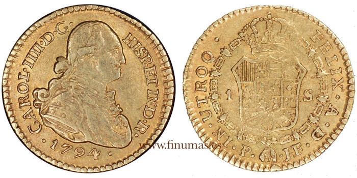 Cy13214.- CARLOS IV 1 ESCUDO 1794 POPAYAN J.F