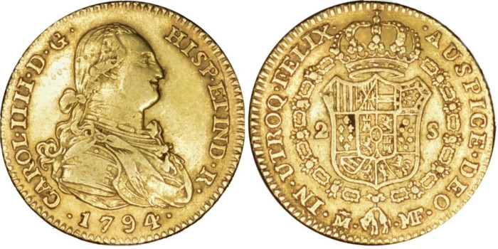 Cy13360.- CARLOS IV  2 Escudos 1794 MADRID M.F - ORO