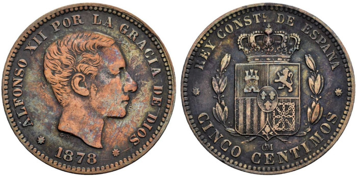 Cy16556f.- ALFONSO XII 5 Centimos 1878 MBC+