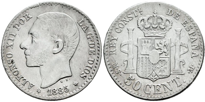 Cy16565e.- ALFONSO XII 50 Centimos 1885 ( 8-6) MBC