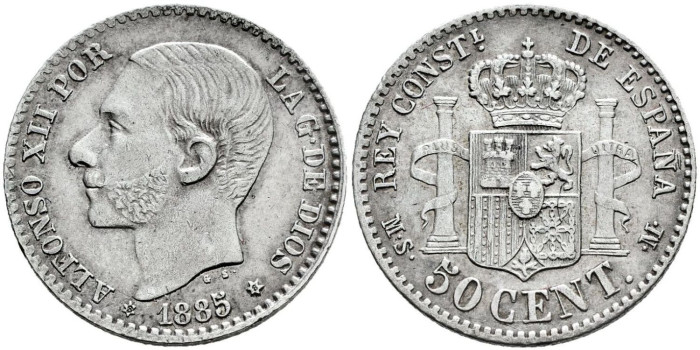 Cy16565g.- ALFONSO XII 50 Centimos 1885 ( 8-6) EBC-
