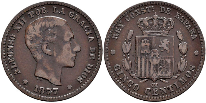 Cy16555f.- ALFONSO XII 5 Centimos 1877 OM MBC+