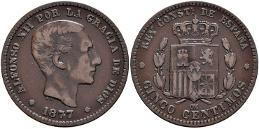 Cy16555f.- ALFONSO XII 5 Centimos 1877 OM MBC+
