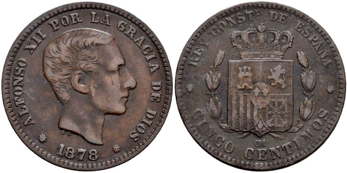 Cy16556f.- ALFONSO XII 5 Centimos 1878 OM MBC+