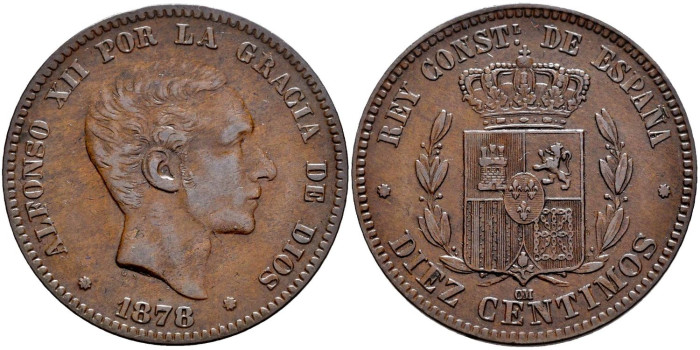 Cy16560j.- ALFONSO XII 10 Centimos 1878 OM SC- Variante