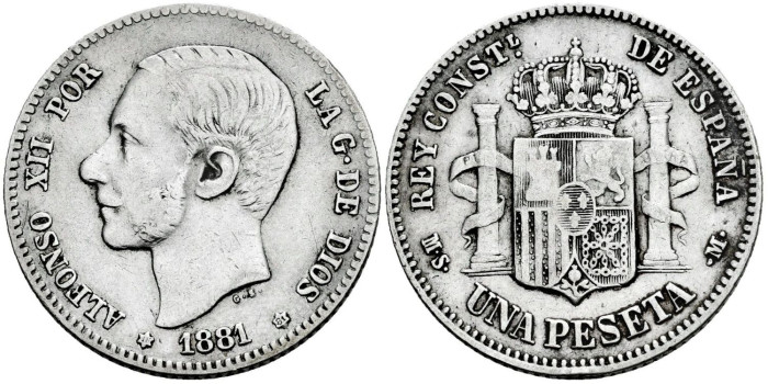 Cy16567e.- ALFONSO XII 1 Peseta 1881 (18-81) M.S.M. - MBC