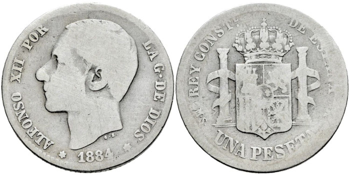 Cy16571c- ALFONSO XII 1 Peseta 1884 (---)   M.S.M. - B.C.