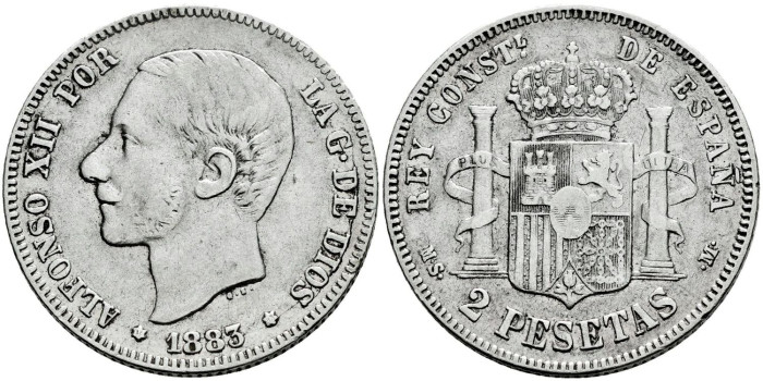 Cy16578e- ALFONSO XII 2 Peseta 1883 (18-83)   M.S.M. - MBC