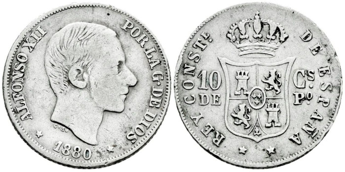 Cy16617b- ALFONSO XII 10  Cetm. Peso  1880 Manila - BC