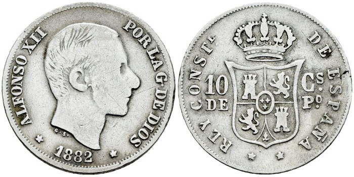 Cy16619c- ALFONSO XII 10  Cetm. Peso  1882 Manila - BC