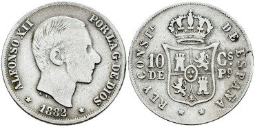 Cy16619c- ALFONSO XII 10  Cetm. Peso  1882 Manila - BC