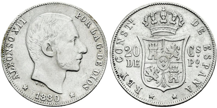 Cy16624e- ALFONSO XII 20  Cetm. Peso  1880 Manila - MBC