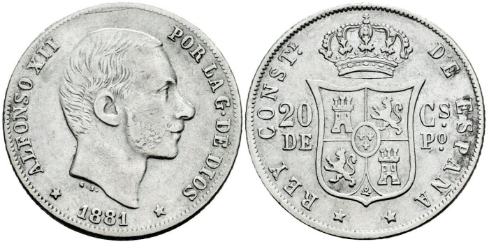 Cy16625e- ALFONSO XII 20  Cetm. Peso  1881 Manila - MBC