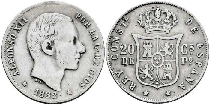 Cy16626e- ALFONSO XII 20  Cetm. Peso  1882 Manila - MBC