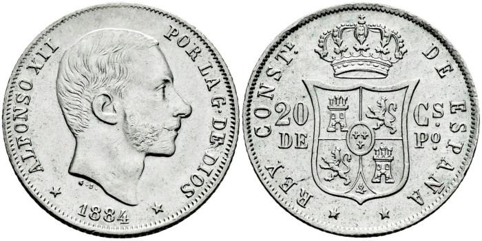 Cy16628k- ALFONSO XII 20  Cetm. Peso  1884 Manila - SC