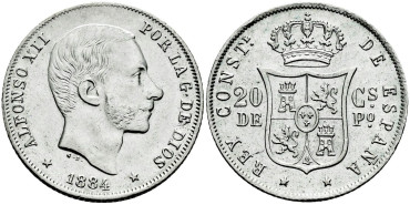 Cy16628k- ALFONSO XII 20  Cetm. Peso  1884 Manila - SC