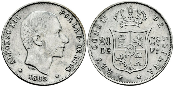 Cy16629j- ALFONSO XII 20  Cetm. Peso  1885 Manila - SC-