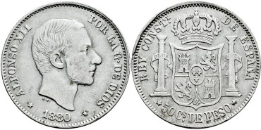 Cy16630f- ALFONSO XII 50  Cetm. Peso  1880 Manila - MBC+