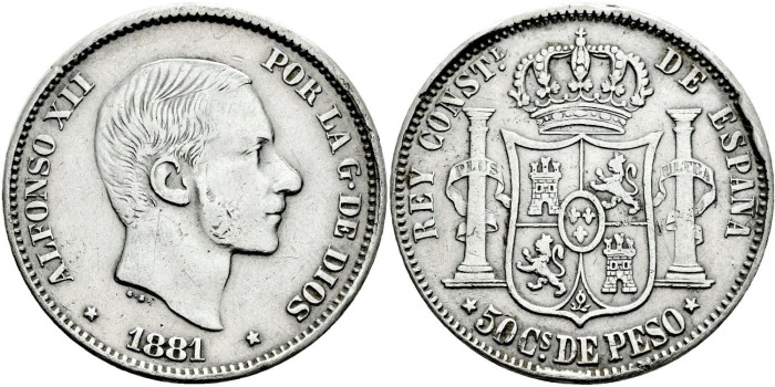 Cy16631f- ALFONSO XII 50  Cetm. Peso  1881 Manila - MBC+