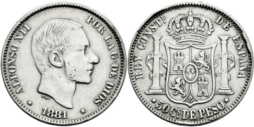 Cy16631f- ALFONSO XII 50  Cetm. Peso  1881 Manila - MBC+
