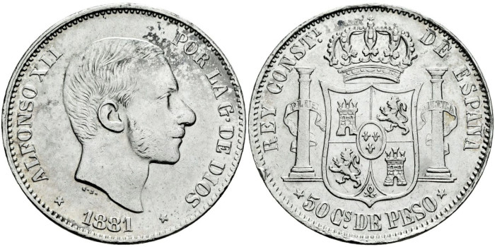 Cy16631h- ALFONSO XII 50  Cetm. Peso  1881 Manila - EBC 