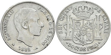 Cy16633c- ALFONSO XII 50  Cetm. Peso  1882 Manila - BC