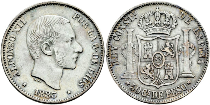 Cy16635e2- ALFONSO XII 50  Cetm. Peso  1883 Manila - MBC